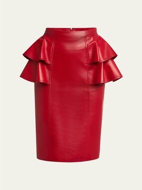 VALENTINO Leather Side Ruffle Midi Skirt in Red